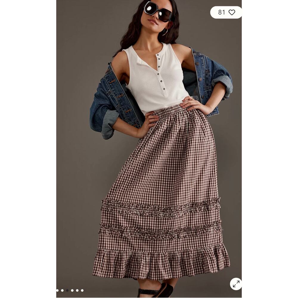Damson Madder Rina Ruffle Midi Skirt Gingham Print Size US 6 - Picture 4 of 11